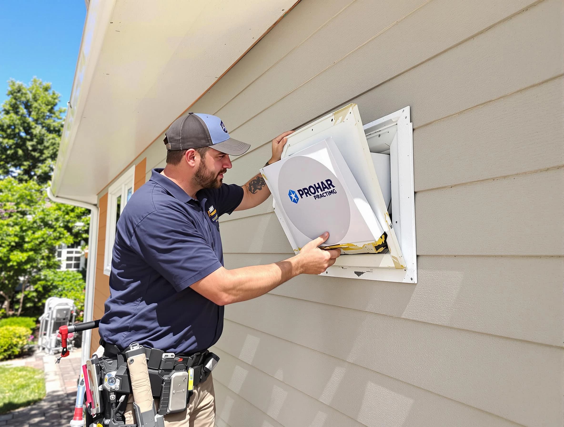 Cranberry Dryer Vent Cleaning technician installing a new protective dryer vent cover on a home in Cranberry