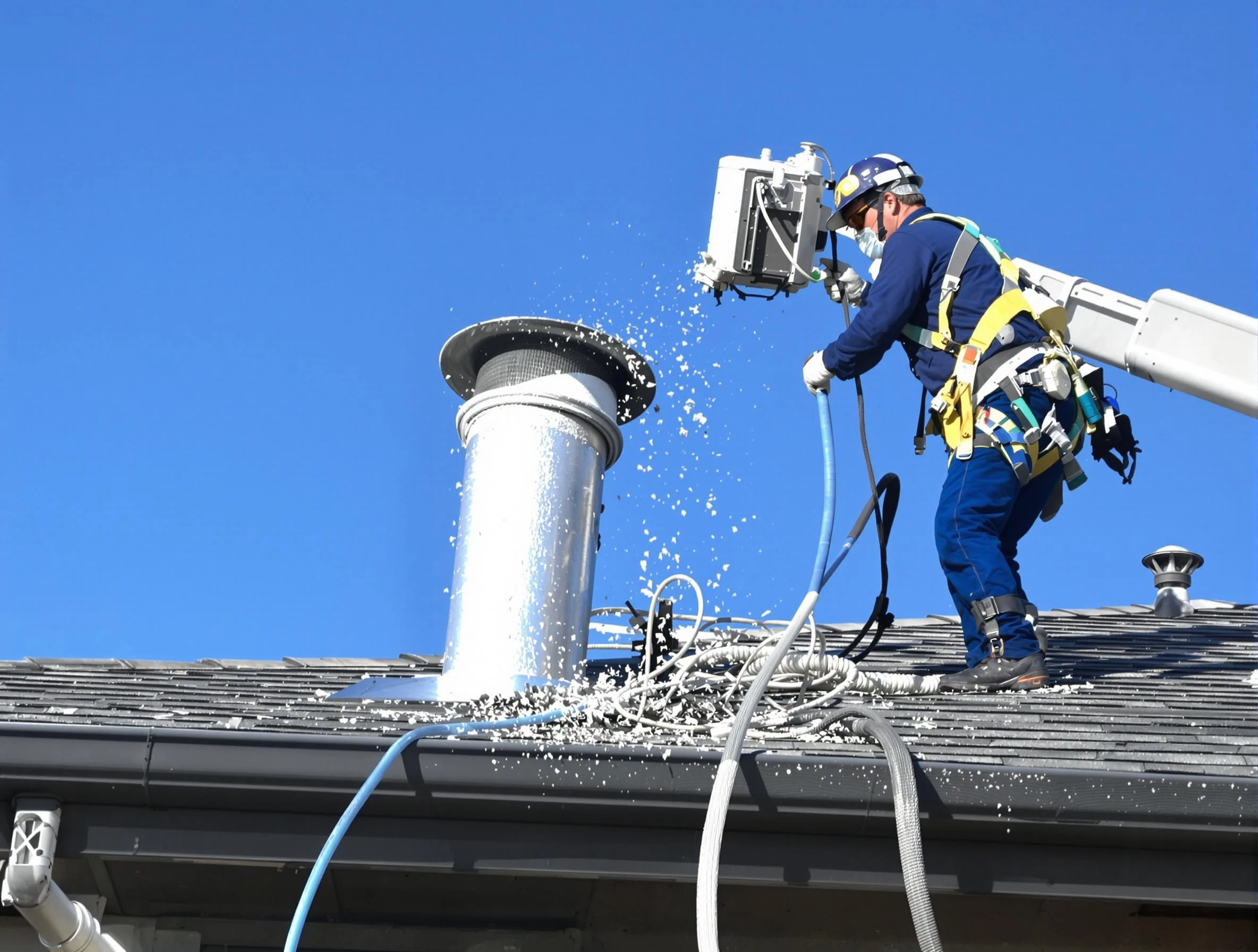 Cranberry Dryer Vent Cleaning certified technician safely cleaning a roof-mounted dryer vent in Cranberry